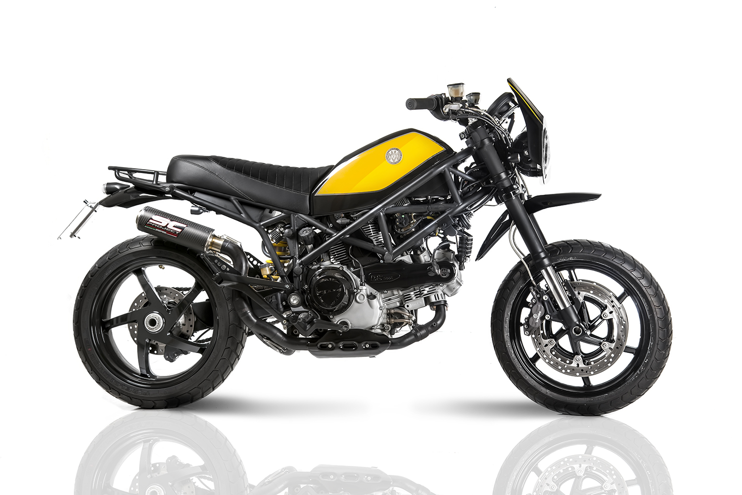 Giallo Monster, café racer giallo di profilo
